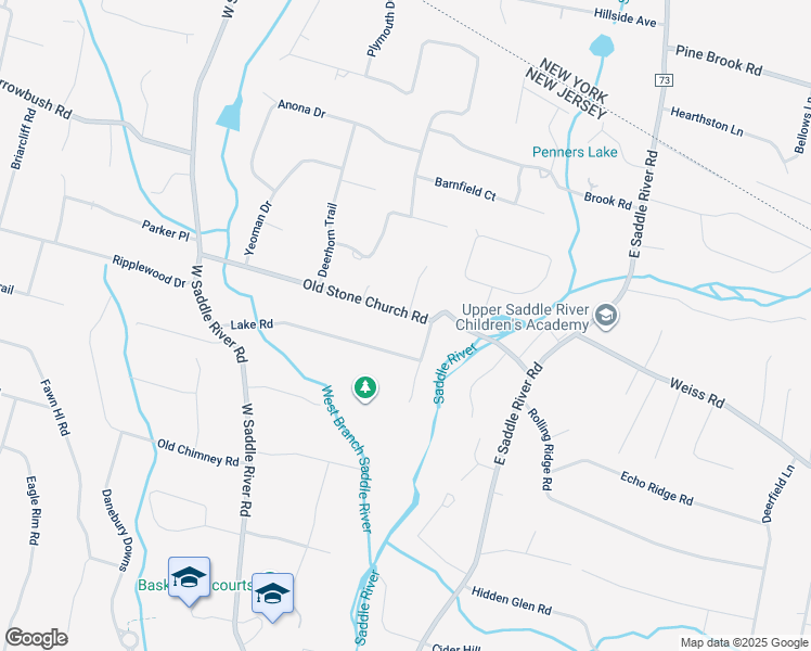 map of restaurants, bars, coffee shops, grocery stores, and more near 64 Old Stone Church Road in Upper Saddle River