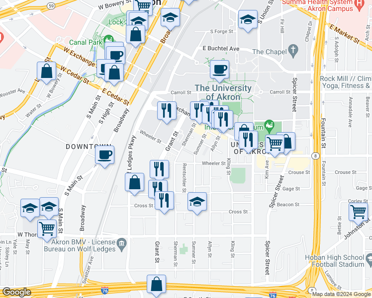 map of restaurants, bars, coffee shops, grocery stores, and more near 409 Sherman Street in Akron