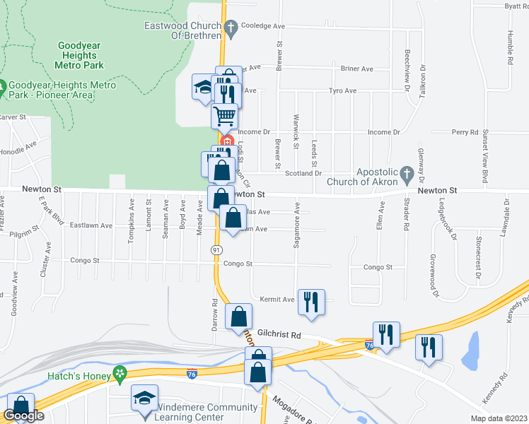map of restaurants, bars, coffee shops, grocery stores, and more near 2346 Nicholas Avenue in Akron