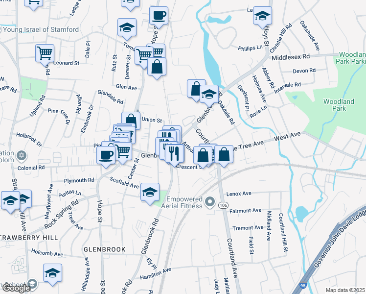 map of restaurants, bars, coffee shops, grocery stores, and more near 62 Arthur Place in Stamford