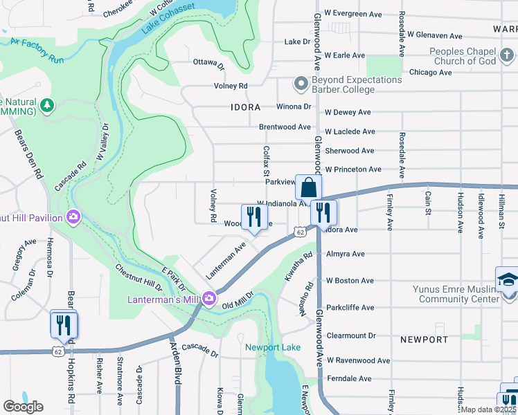 map of restaurants, bars, coffee shops, grocery stores, and more near 847 West Indianola Avenue in Youngstown