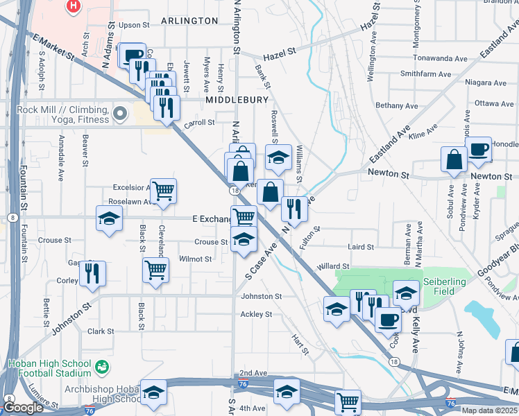 map of restaurants, bars, coffee shops, grocery stores, and more near 941 East Market Street in Akron