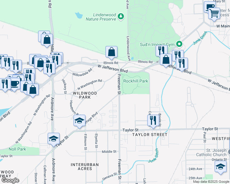 map of restaurants, bars, coffee shops, grocery stores, and more near 3234 Portage Blvd in Fort Wayne