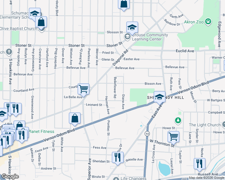 map of restaurants, bars, coffee shops, grocery stores, and more near 1198 Belleflower Rd in Akron
