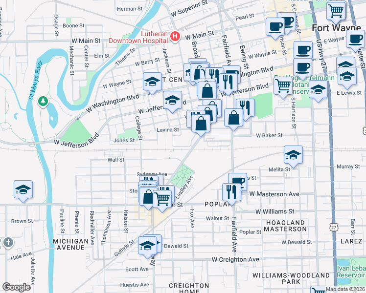 map of restaurants, bars, coffee shops, grocery stores, and more near 901 Leykauf Street in Fort Wayne
