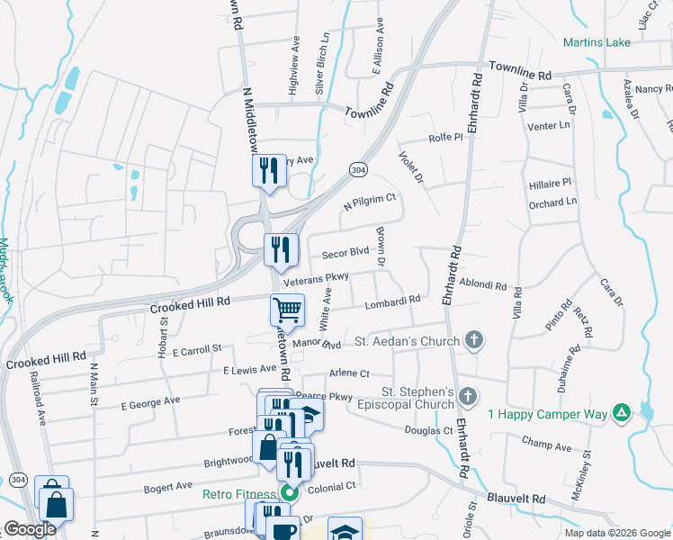 map of restaurants, bars, coffee shops, grocery stores, and more near 63 Veterans Parkway in Pearl River