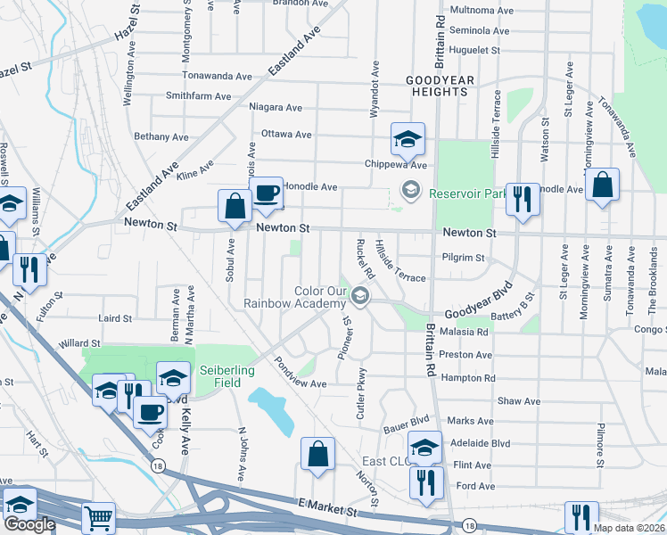 map of restaurants, bars, coffee shops, grocery stores, and more near 314 Pioneer Street in Akron