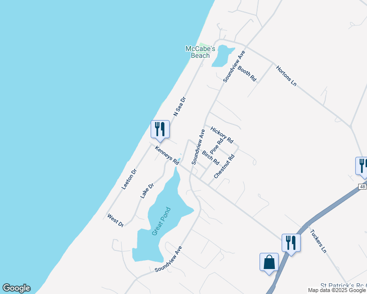 map of restaurants, bars, coffee shops, grocery stores, and more near 395 Dogwood Lane in Southold