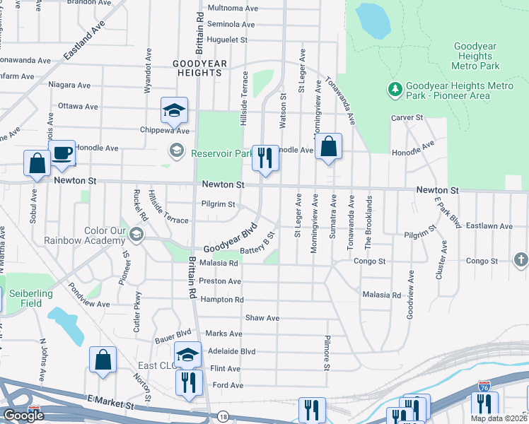 map of restaurants, bars, coffee shops, grocery stores, and more near 1682 Goodyear Boulevard in Akron