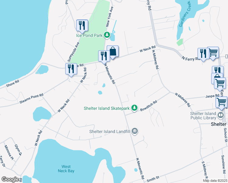 map of restaurants, bars, coffee shops, grocery stores, and more near 55 North Menantic Road in Shelter Island