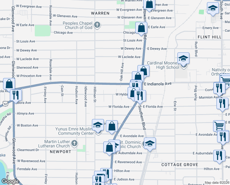 map of restaurants, bars, coffee shops, grocery stores, and more near 130 West Hylda Avenue in Youngstown