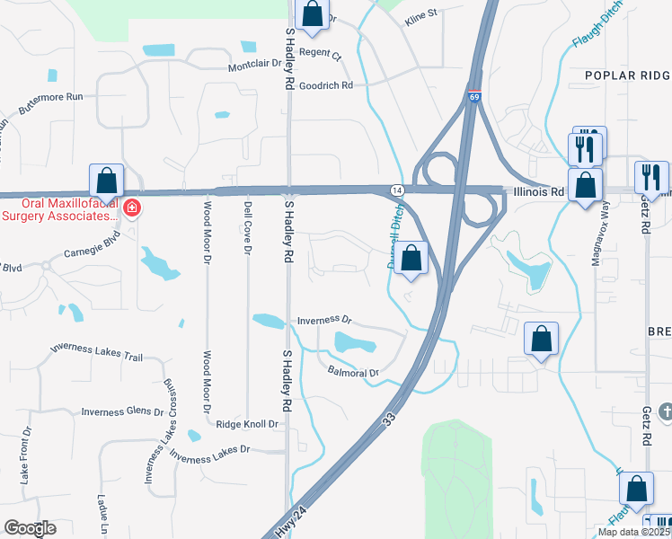 map of restaurants, bars, coffee shops, grocery stores, and more near 6 Pointe Inverness Way in Fort Wayne