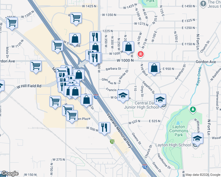 map of restaurants, bars, coffee shops, grocery stores, and more near 295 775 in Layton