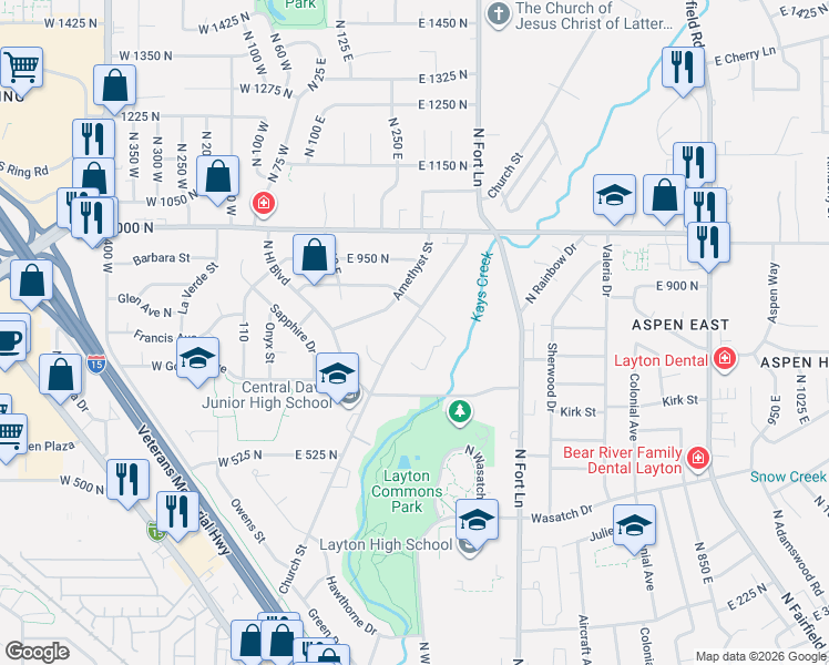 map of restaurants, bars, coffee shops, grocery stores, and more near 814 Church Street in Layton