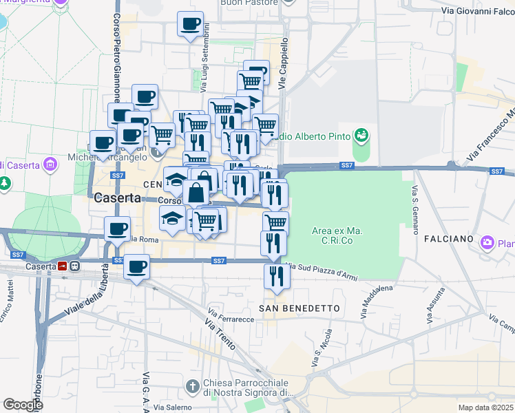 map of restaurants, bars, coffee shops, grocery stores, and more near 198 Corso Trieste in Caserta