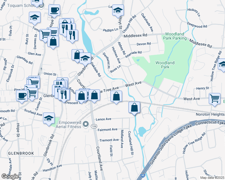 map of restaurants, bars, coffee shops, grocery stores, and more near 63 Maple Tree Avenue in Stamford