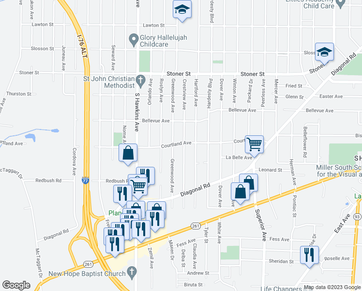 map of restaurants, bars, coffee shops, grocery stores, and more near 1100 Courtland Avenue in Akron