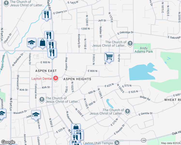 map of restaurants, bars, coffee shops, grocery stores, and more near 1204 East 800 North in Layton
