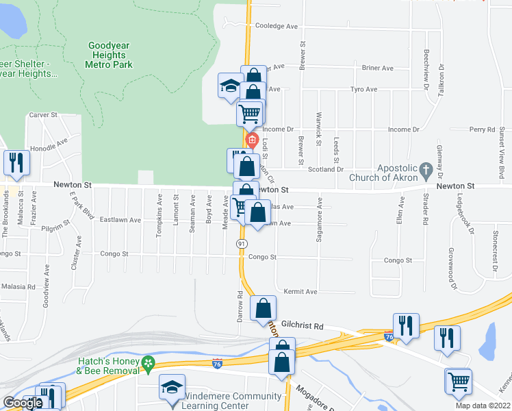 map of restaurants, bars, coffee shops, grocery stores, and more near 2289 Nicholas Avenue in Akron