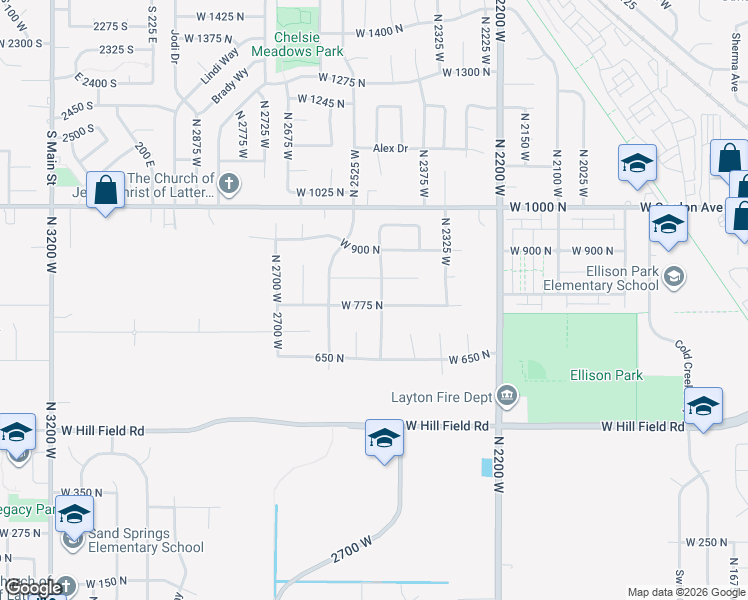 map of restaurants, bars, coffee shops, grocery stores, and more near 2480 775 North in Layton