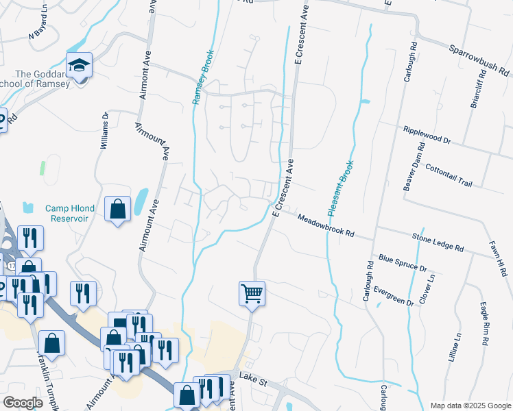 map of restaurants, bars, coffee shops, grocery stores, and more near 342 Cambridge Drive in Ramsey