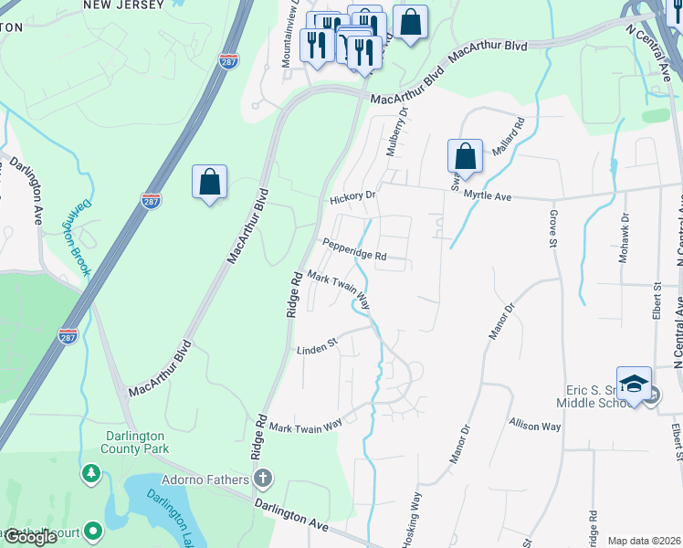 map of restaurants, bars, coffee shops, grocery stores, and more near 608 Lilac Lane in Mahwah