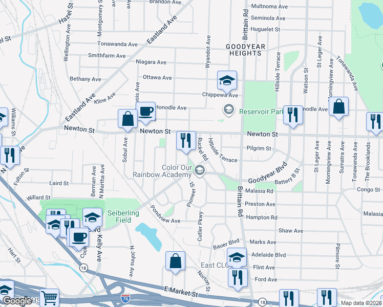 map of restaurants, bars, coffee shops, grocery stores, and more near 348 Ruckel Road in Akron