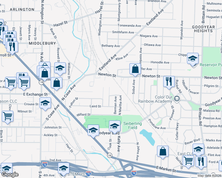 map of restaurants, bars, coffee shops, grocery stores, and more near 1231 Miriam Street in Akron