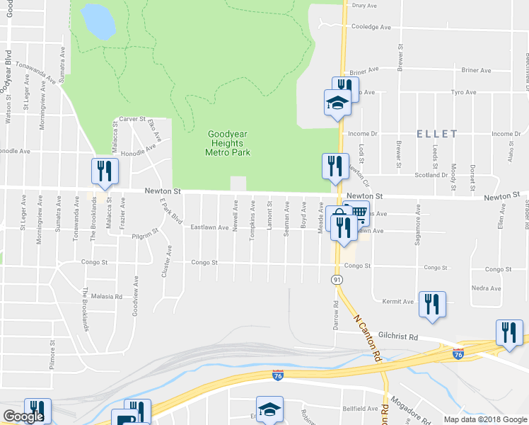 map of restaurants, bars, coffee shops, grocery stores, and more near 518 Lamont Street in Akron