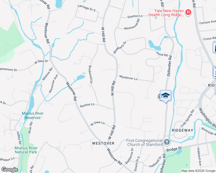 map of restaurants, bars, coffee shops, grocery stores, and more near 188 West Hill Road in Stamford
