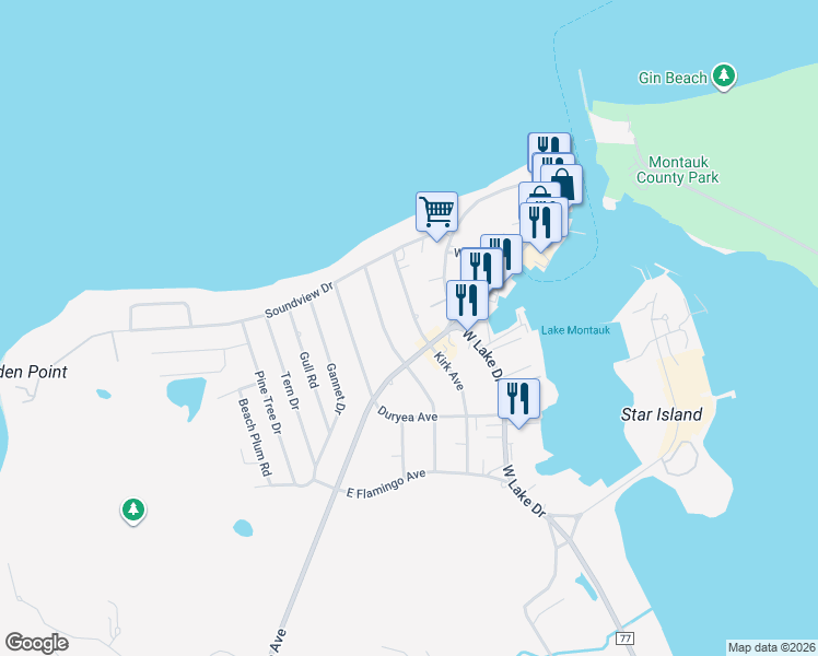 map of restaurants, bars, coffee shops, grocery stores, and more near 39 Mulford Avenue in Montauk