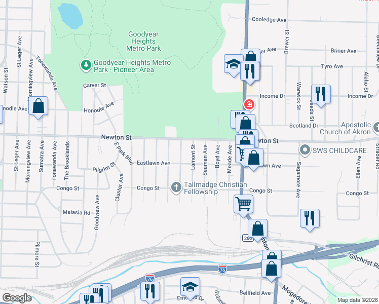 map of restaurants, bars, coffee shops, grocery stores, and more near 518 Lamont Street in Akron