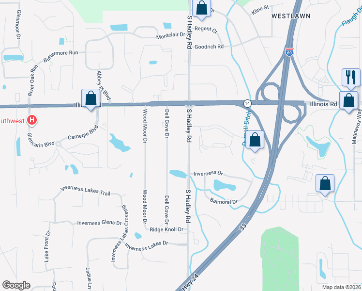 map of restaurants, bars, coffee shops, grocery stores, and more near 1436 South Hadley Road in Fort Wayne