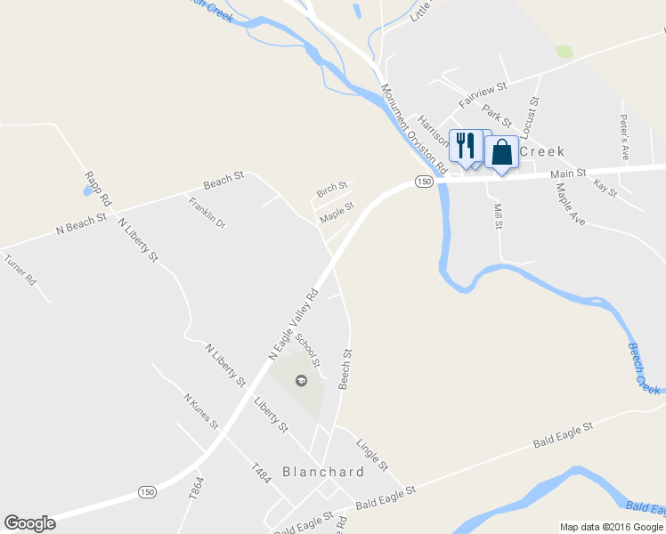 map of restaurants, bars, coffee shops, grocery stores, and more near Beach Street in Blanchard