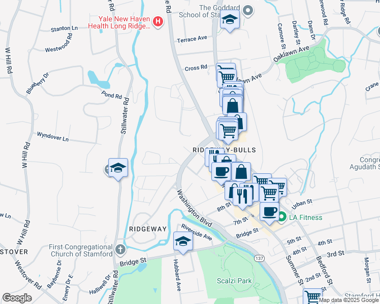 map of restaurants, bars, coffee shops, grocery stores, and more near 51 Cold Spring Road in Stamford