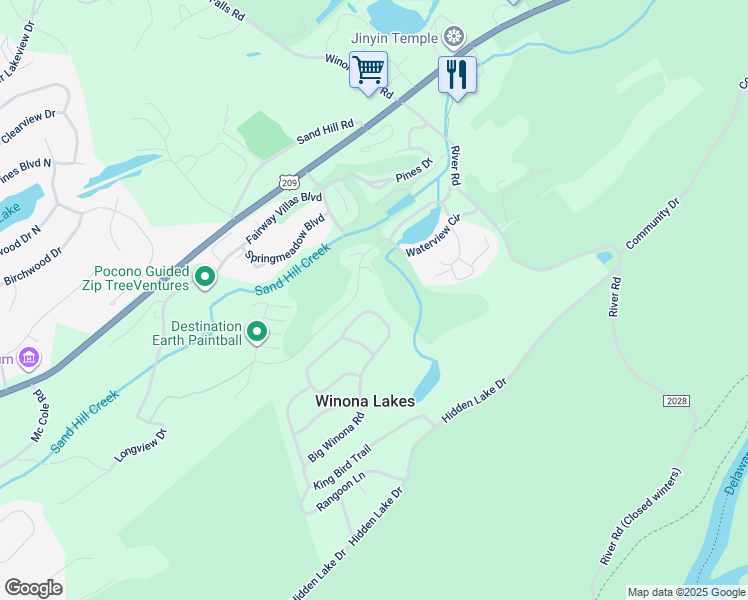 map of restaurants, bars, coffee shops, grocery stores, and more near 2096 Big Winona Road in East Stroudsburg