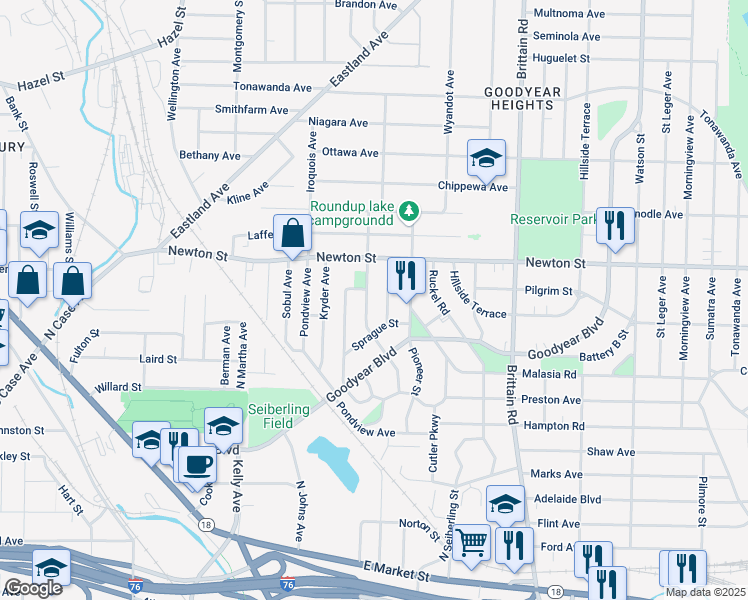 map of restaurants, bars, coffee shops, grocery stores, and more near 320 Para Avenue in Akron