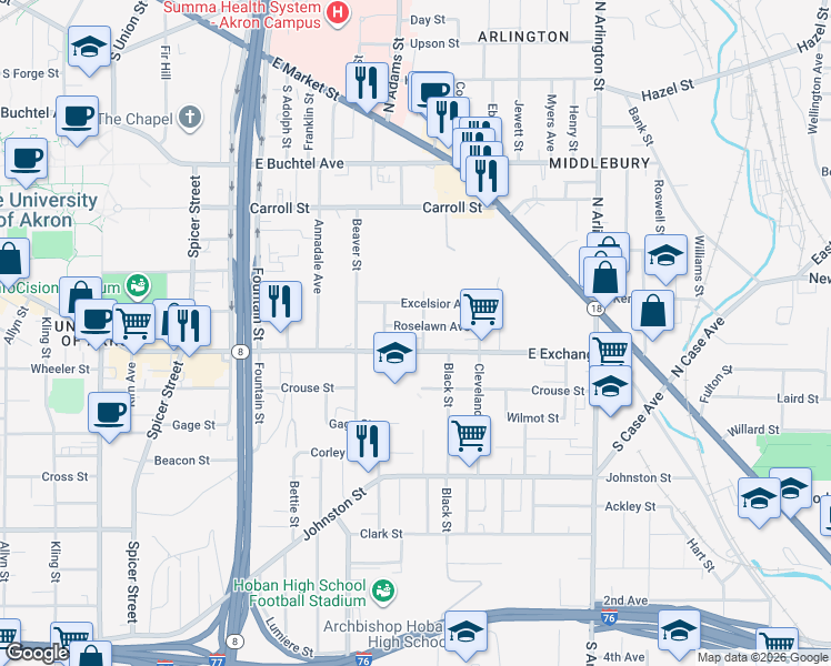 map of restaurants, bars, coffee shops, grocery stores, and more near 703 East Exchange Street in Akron