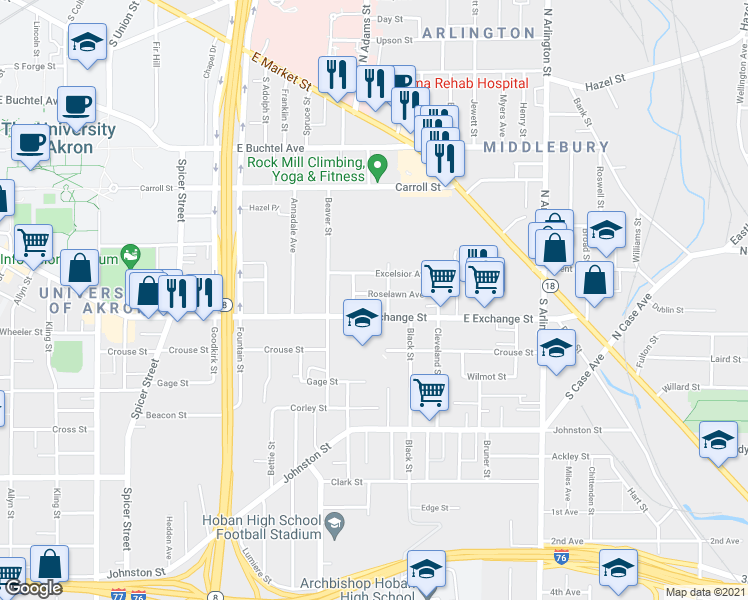 map of restaurants, bars, coffee shops, grocery stores, and more near 703 East Exchange Street in Akron