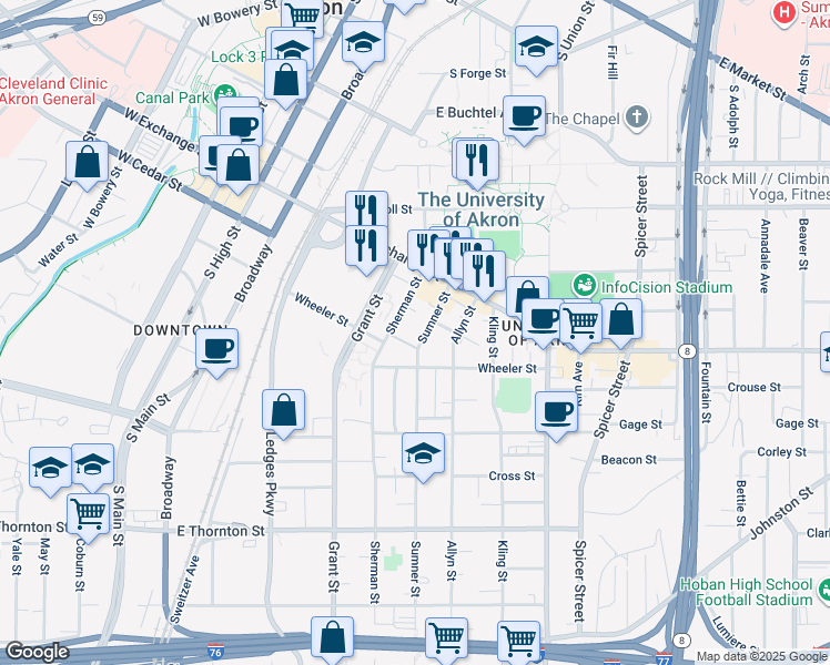 map of restaurants, bars, coffee shops, grocery stores, and more near 429 Sumner Street in Akron