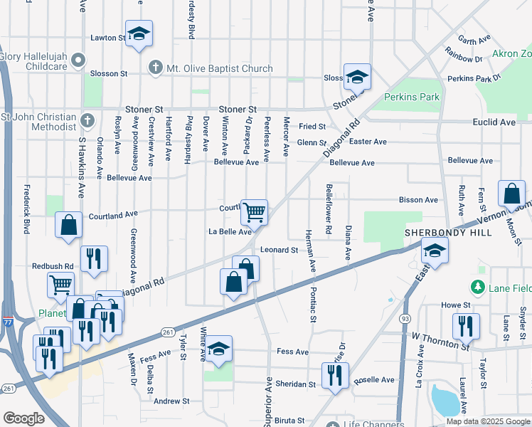 map of restaurants, bars, coffee shops, grocery stores, and more near 1265 Diagonal Road in Akron