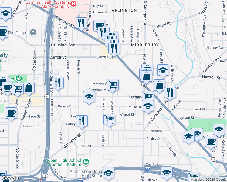 map of restaurants, bars, coffee shops, grocery stores, and more near 794 Roselawn Avenue in Akron