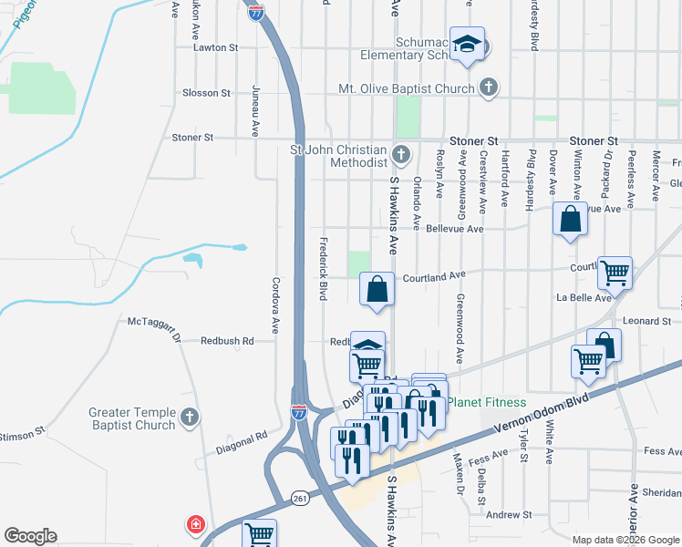 map of restaurants, bars, coffee shops, grocery stores, and more near 1250 Courtland Avenue in Akron