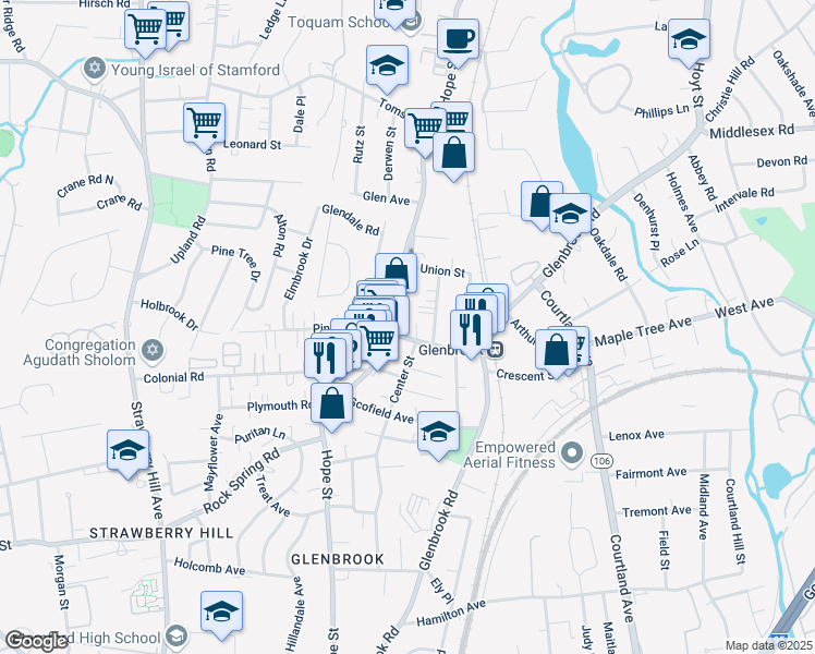 map of restaurants, bars, coffee shops, grocery stores, and more near 346 Hope Street in Stamford