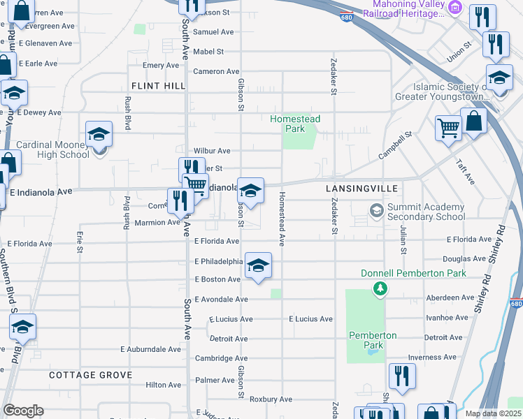 map of restaurants, bars, coffee shops, grocery stores, and more near 2725 Gibson Street in Youngstown