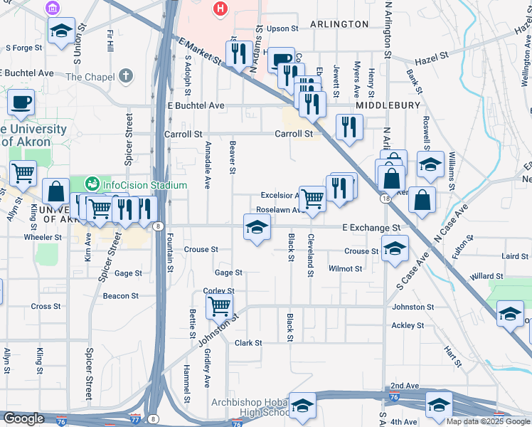 map of restaurants, bars, coffee shops, grocery stores, and more near 712 Roselawn Avenue in Akron