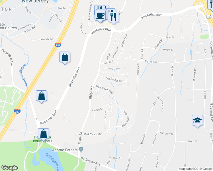 map of restaurants, bars, coffee shops, grocery stores, and more near 608 Lilac Lane in Mahwah