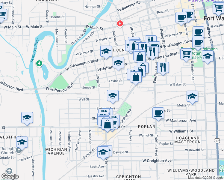 map of restaurants, bars, coffee shops, grocery stores, and more near 1327 Rockhill Street in Fort Wayne