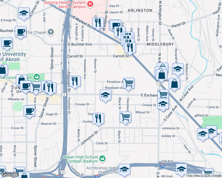 map of restaurants, bars, coffee shops, grocery stores, and more near 703 East Exchange Street in Akron