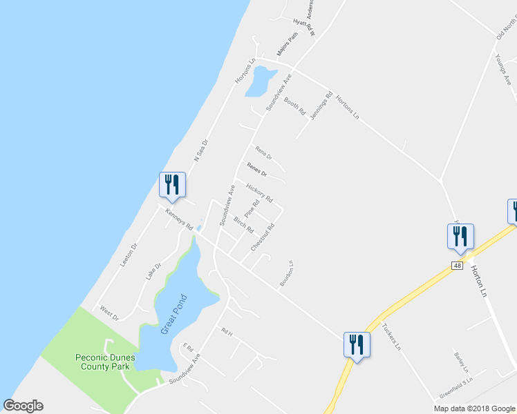 map of restaurants, bars, coffee shops, grocery stores, and more near 150 Maple Road in Southold